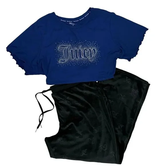 Juicy Couture 2X Velour Pajama Set Blue Rhinestone Top Black Logo Pants Y2K - Picture 1 of 7